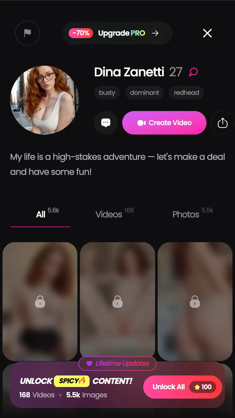 GoLove.ai character profile with her video and photo library — dream girlfriend ai