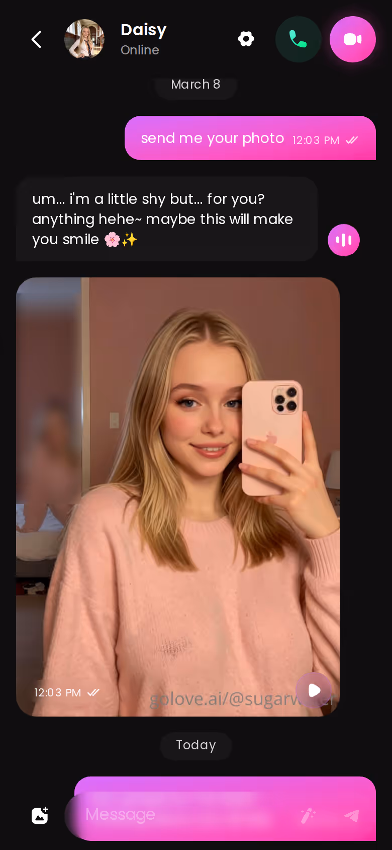Full GoLove mobile chat thread showing continuity across a longer conversation