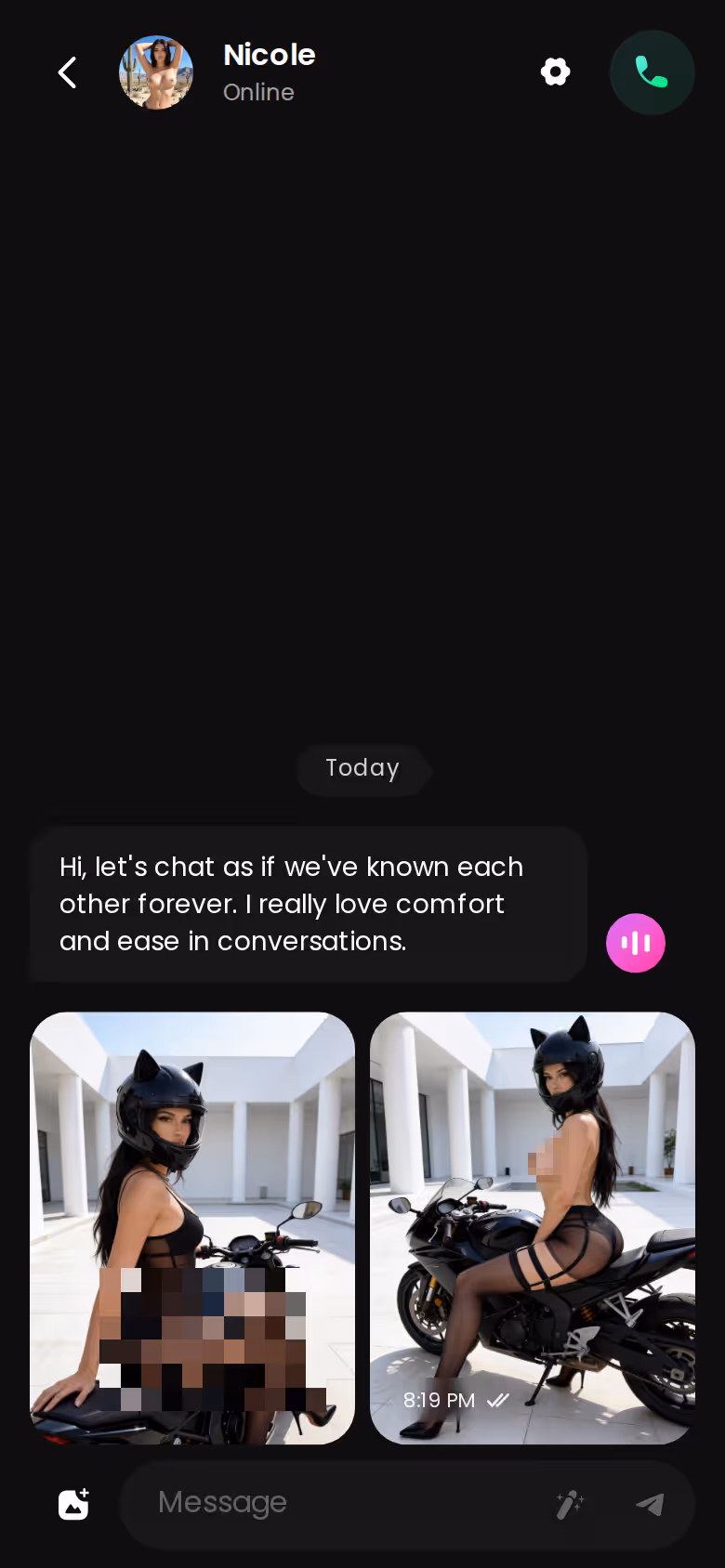 GoLove mobile chat thread with text replies, an in-chat photo, and a voice message from the same character