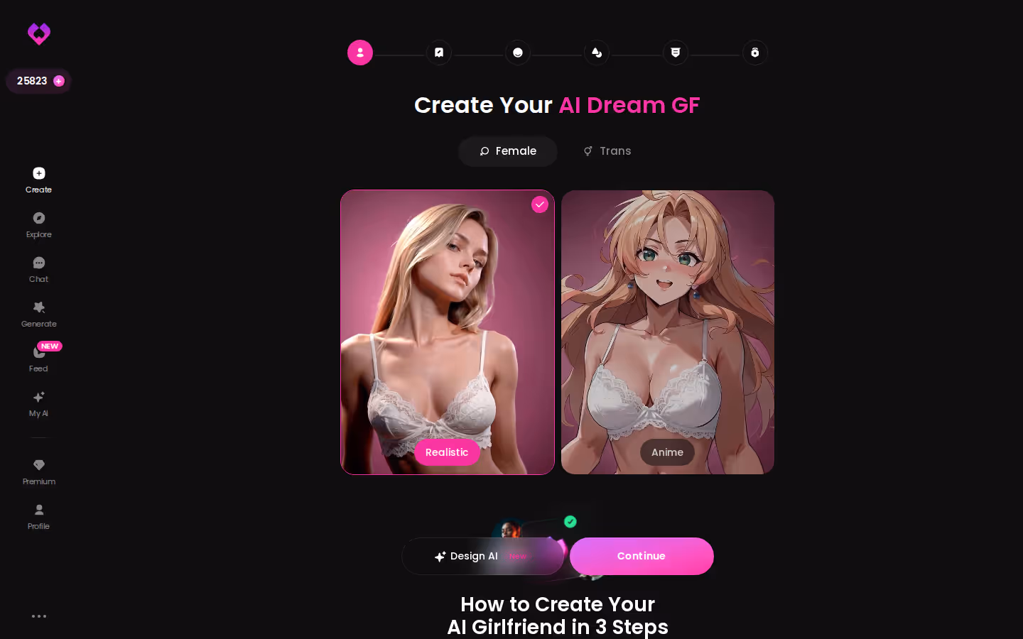 GoLove.ai Create wizard with the Female/Trans toggle, Realistic and Anime cards, and the Design with AI option
