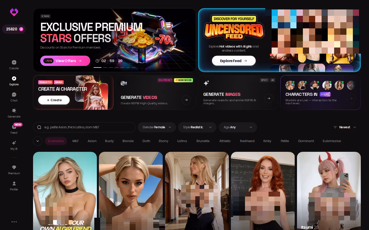 GoLove.ai Explore top — promo banners, tag filters and the character grid — ai porn compilation