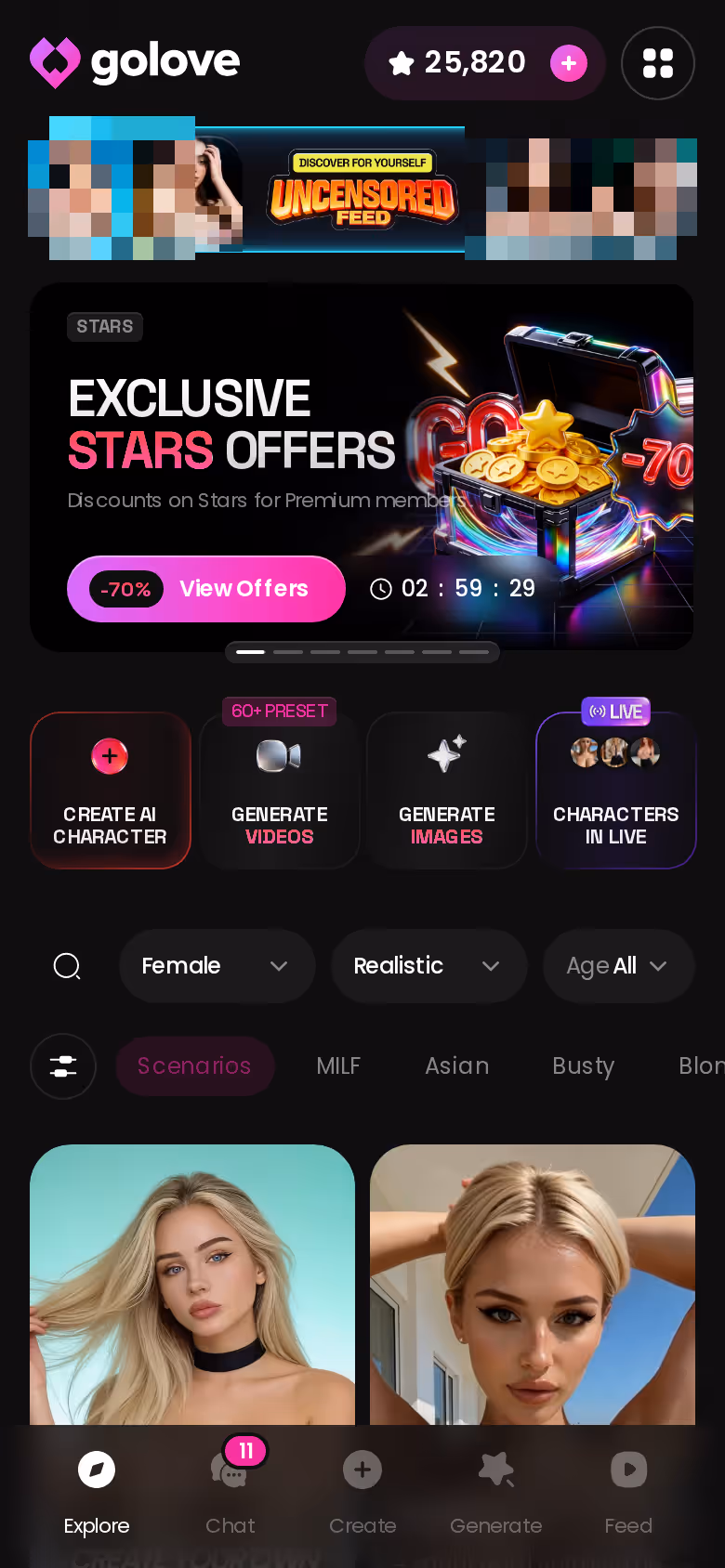 GoLove.ai Explore page on mobile showing realistic characters ready to chat