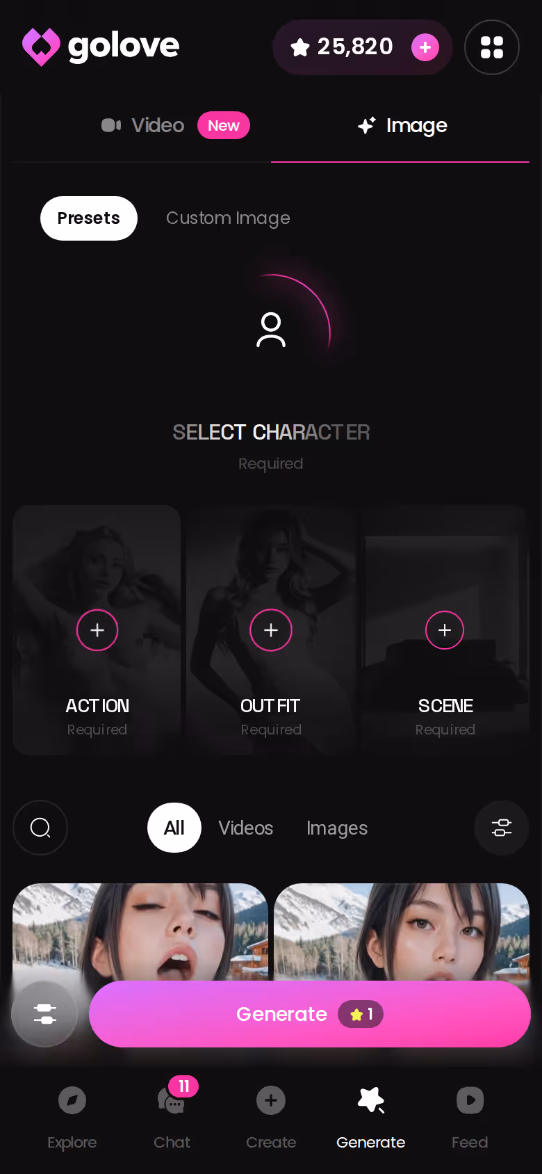 GoLove.ai mobile image generator with pose, outfit and background presets