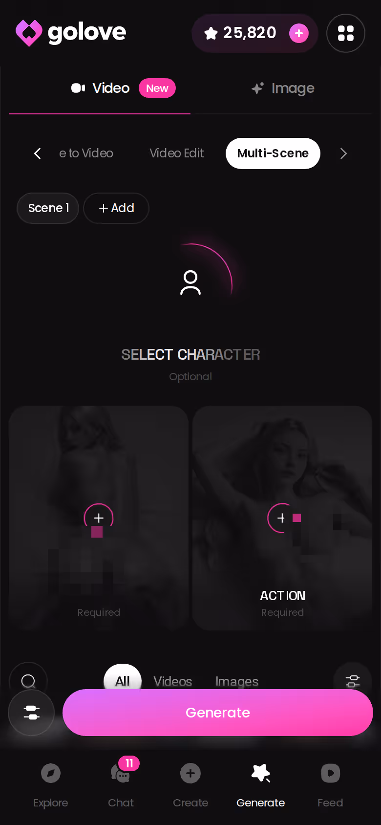 GoLove.ai video generator on mobile with the Multi Scene option visible