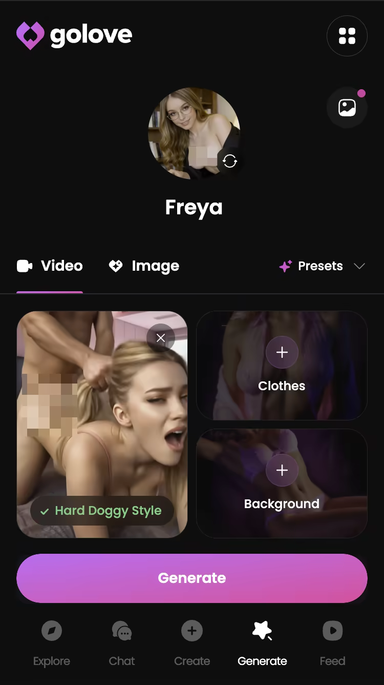 Explicit action preset selected in the GoLove.ai video generator — joi ai